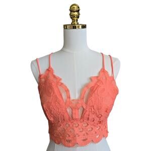 Zenana Lace Bralette Women 1X Coral Orange Floral Smocked Back Boho Festival NEW